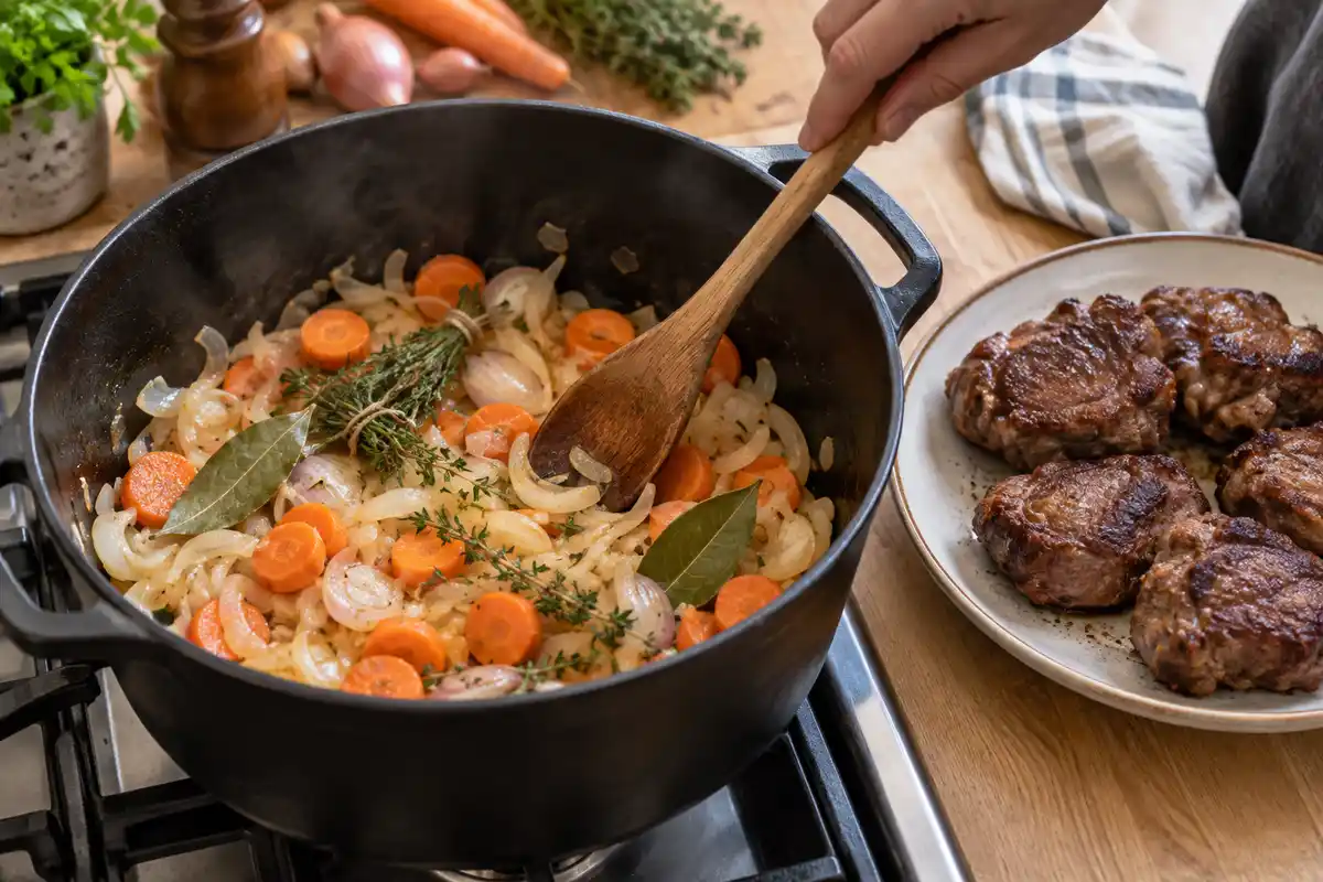 Oignons, échalotes, carottes et aromates reviennent dans la cocotte aprÚs la saisie des joues de porc.