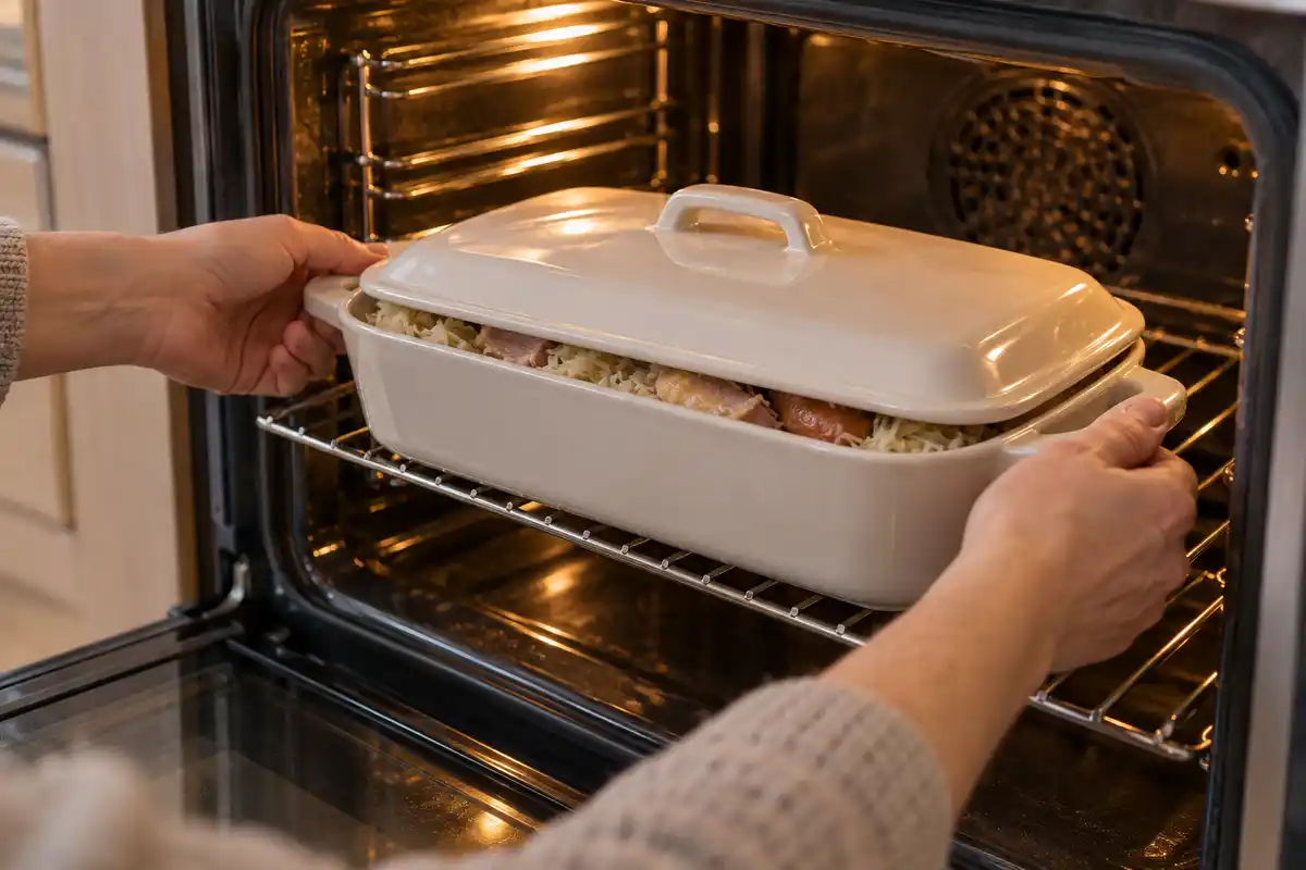 Un plat couvert de choucroute cuite est placé dans le four pour un réchauffage doux, dont la durée varie selon le plat.