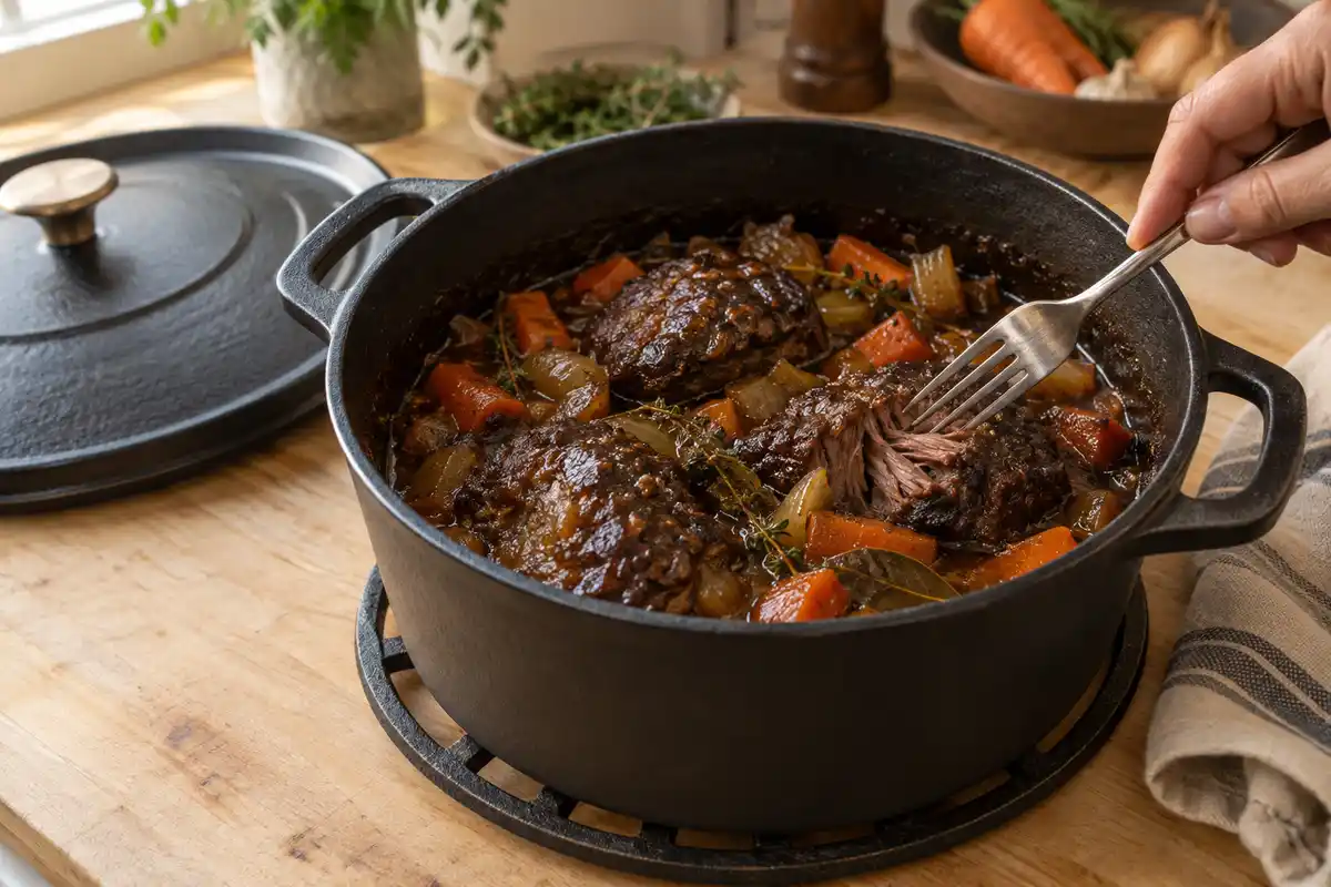 La fourchette vérifie la tendreté des joues aprÚs cuisson, lorsque leurs fibres commencent à se détacher dans la sauce.