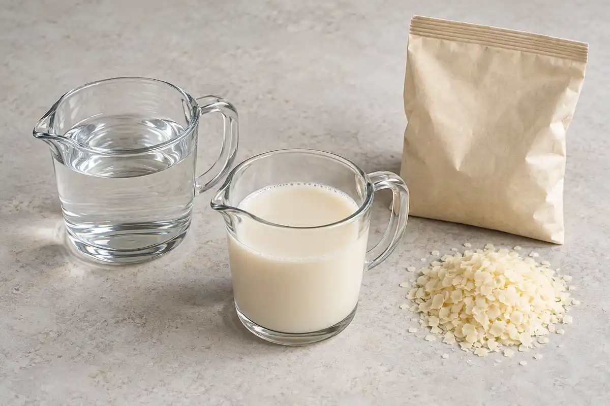 Relever sĂ©parĂ©ment lâeau et le lait prĂ©vus sur le sachet permet de remplacer uniquement le volume de lait.