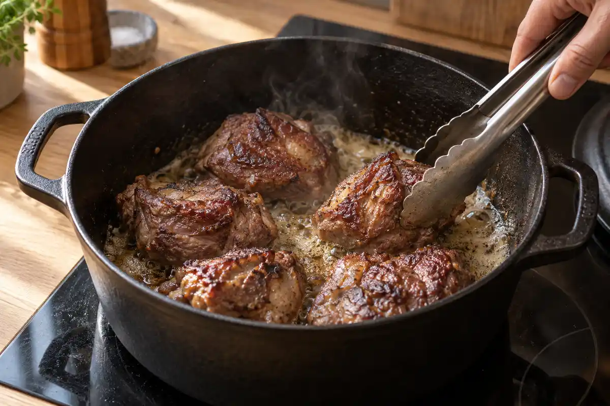 Les joues de porc dorent dans la cocotte avant lâajout des lĂ©gumes, pour colorer la viande en dĂ©but de cuisson.