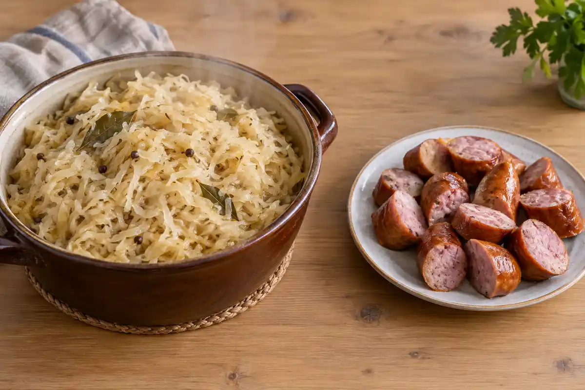 La choucroute cuite et les morceaux de saucisse dĂ©jĂ cuits restent sĂ©parĂ©s, prĂȘts Ă ĂȘtre servis ensemble bien chauds.