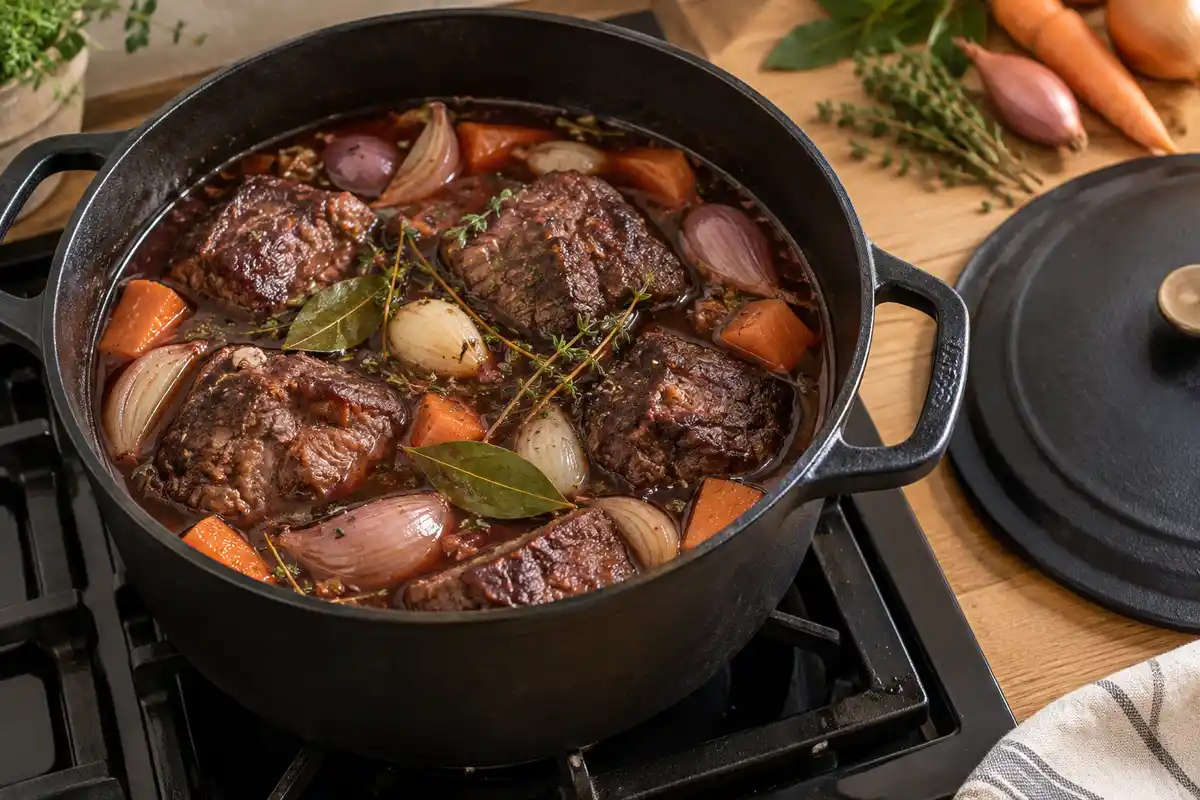 Le vin rouge et le bouillon entourent les joues dorées avec les légumes avant la cuisson couverte en cocotte.