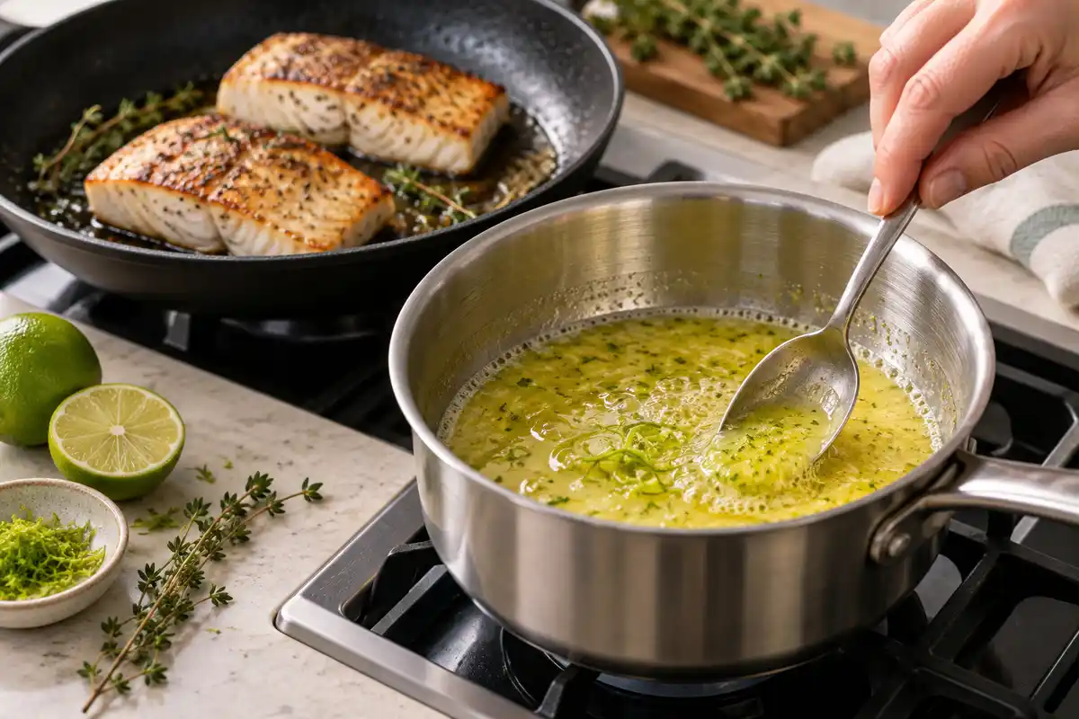 Le beurre au citron vert fond et se mĂ©lange Ă part dans une casserole, avant dâĂȘtre ajoutĂ© aux pavĂ©s au service.