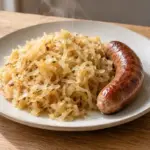 La choucroute cuite prête à servir introduit le sujet du réchauffage ; la garniture visible ne précise pas la méthode ni la durée.