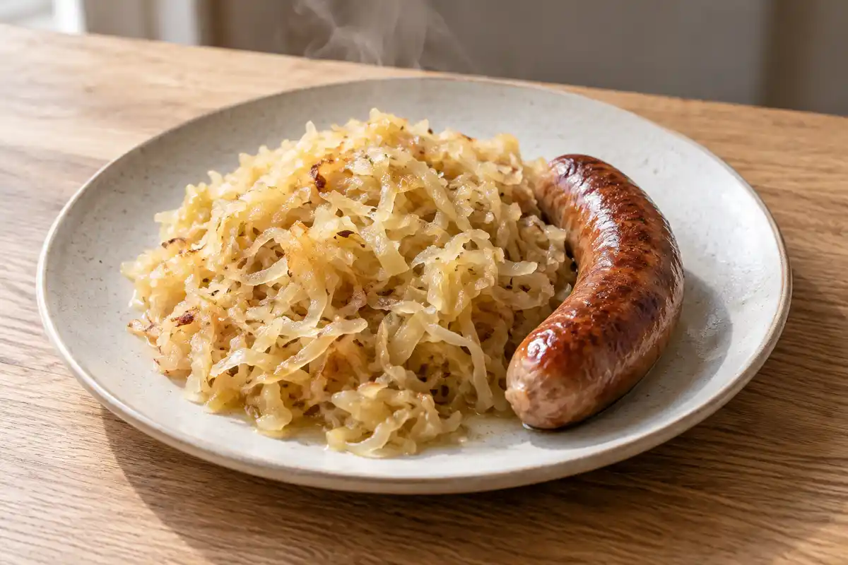 La choucroute cuite prête à servir introduit le sujet du réchauffage ; la garniture visible ne précise pas la méthode ni la durée.