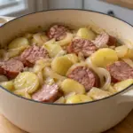 La Morteau tranchée mijote avec des pommes de terre et des oignons en cocotte ; cette recette ne décrit pas la cuisson entière.