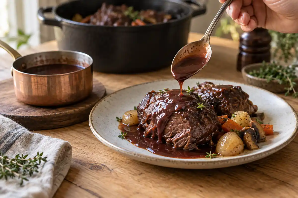 La sauce réduite au vin rouge est versée sur les joues de porc au moment de les servir.