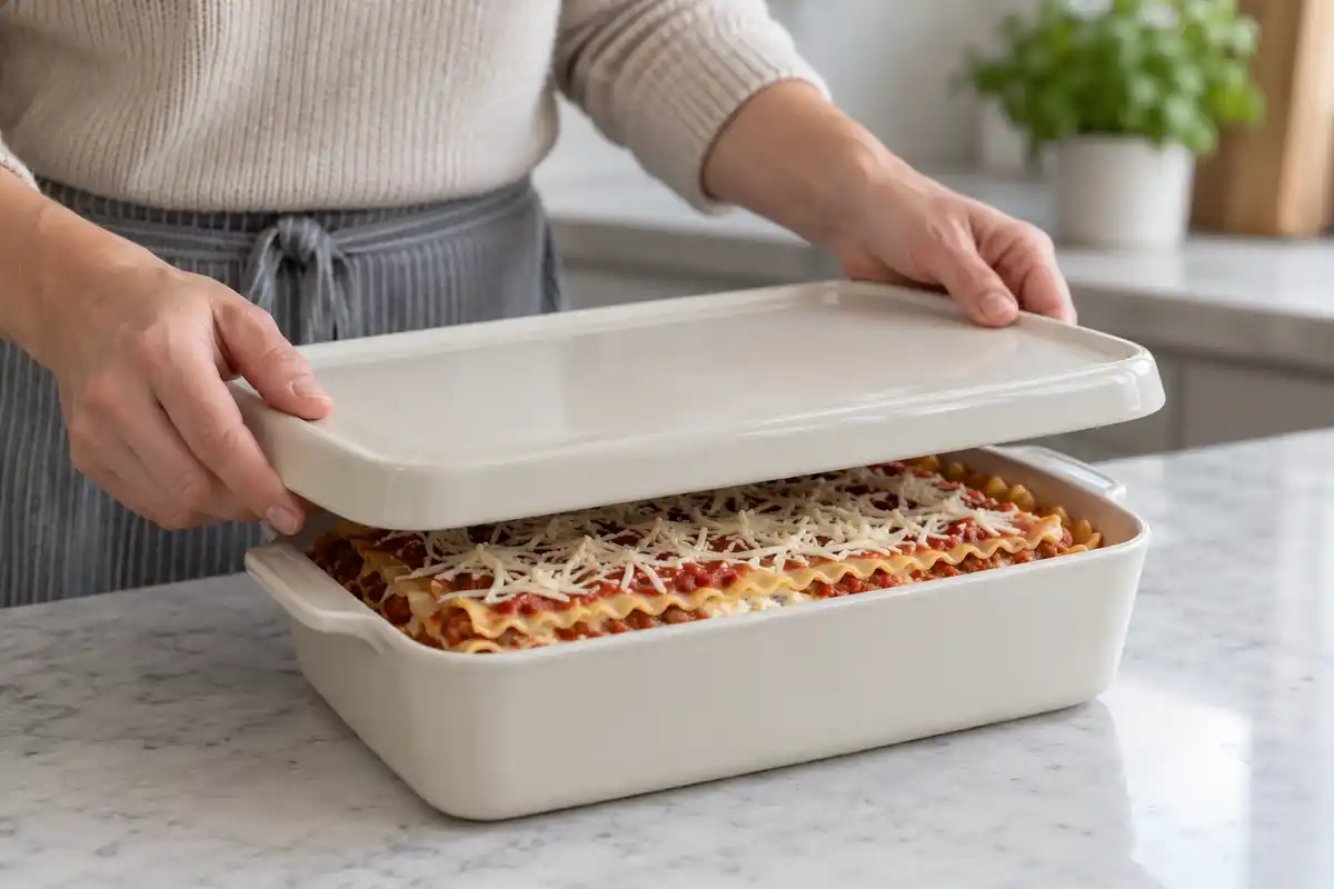Un couvercle posĂ© sur des lasagnes assemblĂ©es illustre la possibilitĂ© de prĂ©parer ce plat Ă lâavance, selon la recette choisie.