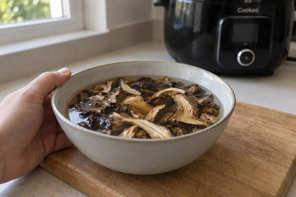 Les champignons dĂ©shydratĂ©s trempent dans un bol aprĂšs rinçage, avant dâĂȘtre ajoutĂ©s au rĂŽti prĂ©parĂ© au CookĂ©o.