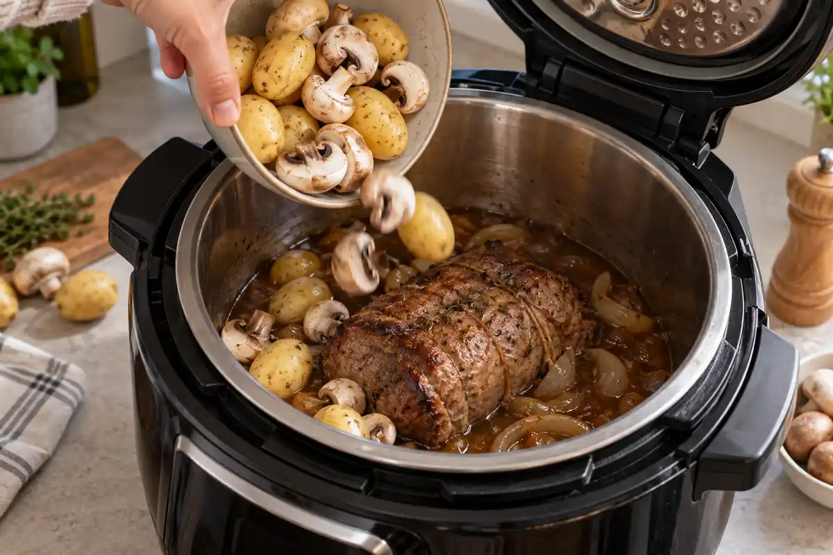 AprÚs la premiÚre cuisson sous pression, pommes de terre et champignons trempés rejoignent le rÎti avant la seconde cuisson.
