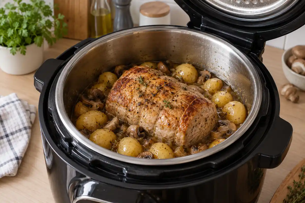 AprĂšs la seconde cuisson, le rĂŽti entier cĂŽtoie dans la cuve les pommes de terre et les champignons cuits dans leur jus.