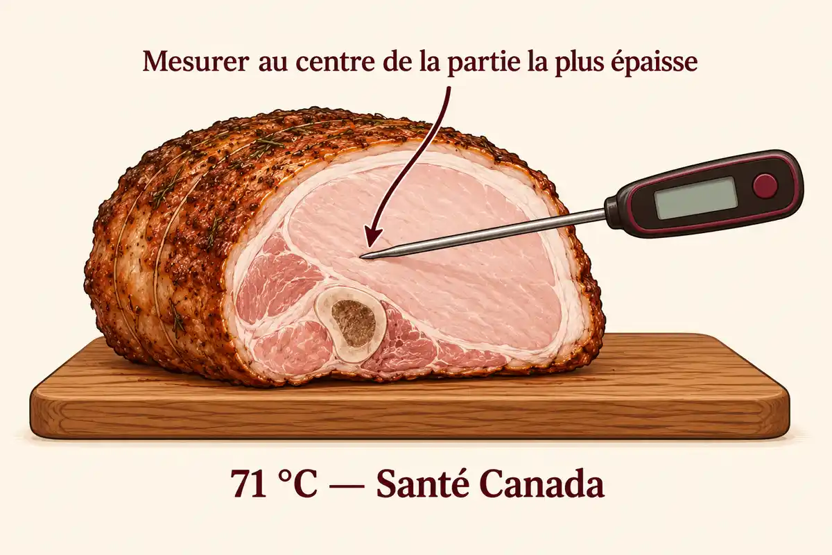 Pour contrĂŽler la cuisson du rĂŽti, insĂ©rez le thermomĂštre jusquâau centre de sa partie la plus Ă©paisse, sans toucher dâos ; repĂšre citĂ© : 71 °C.
