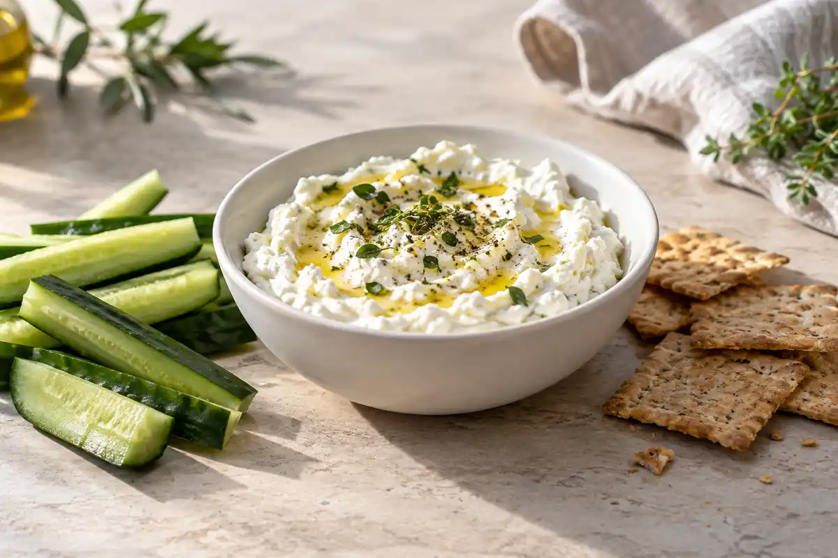 Un dip de feta accompagné de crudités et de crackers introduit une idée d’apéritif froid à partager, sans cuisson au moment de l’assemblage.