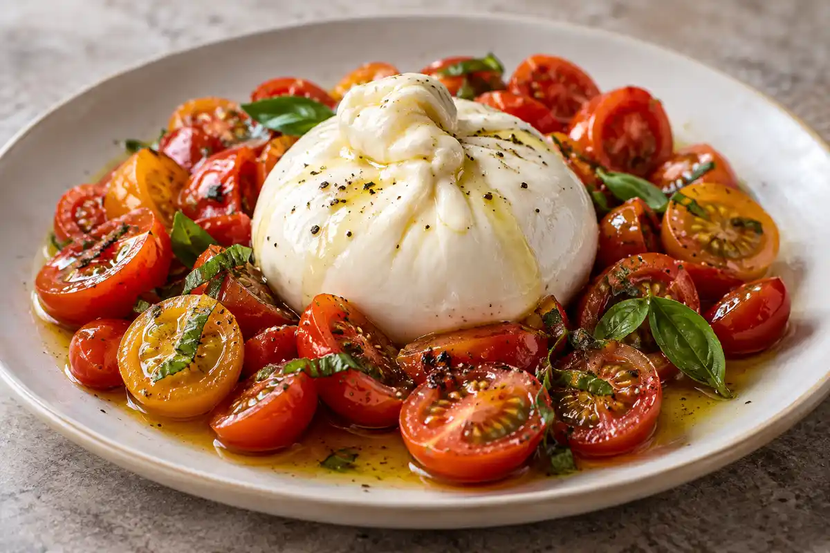 Burrata entière et tomates cerises citronnées composent une bouchée végétarienne fraîche, à servir avec un accompagnement au choix.