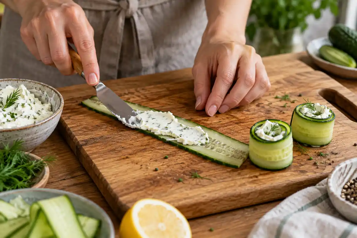 Une lamelle de concombre reçoit le fromage frais avant d’être roulée, illustrant l’assemblage d’une bouchée végétarienne froide.