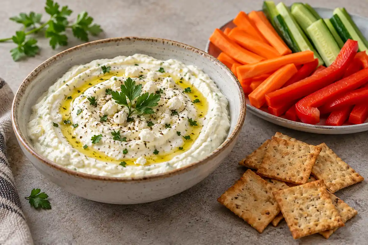 Le dip crémeux de feta et de yaourt se sert avec des crudités croquantes et des crackers pour varier les textures à l’apéritif.