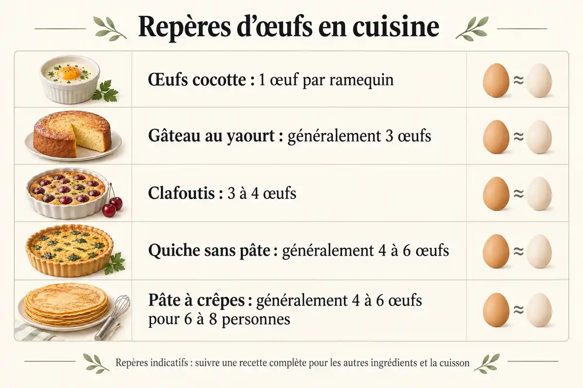 RepĂšres indicatifs pour choisir entre Ćufs cocotte, gĂąteau, clafoutis, quiche ou crĂȘpes selon le nombre dâĆufs disponibles.