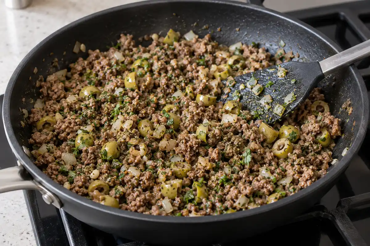 Viande hachĂ©e, oignon et olives mĂ©langĂ©s Ă la poĂȘle forment la farce salĂ©e avant son refroidissement.