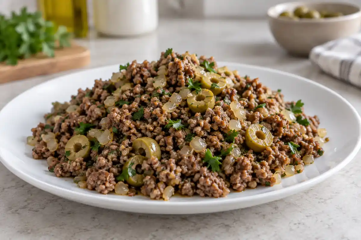 Farce cuite à la viande hachée, aux herbes et aux olives mise de cÎté pour refroidir avant le garnissage.