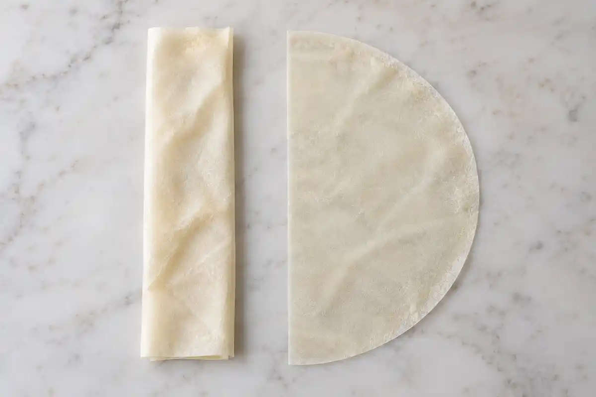 Demi-feuille de brick repliĂ©e dans la longueur en une bande, avec lâautre moitiĂ© ronde encore Ă plat.