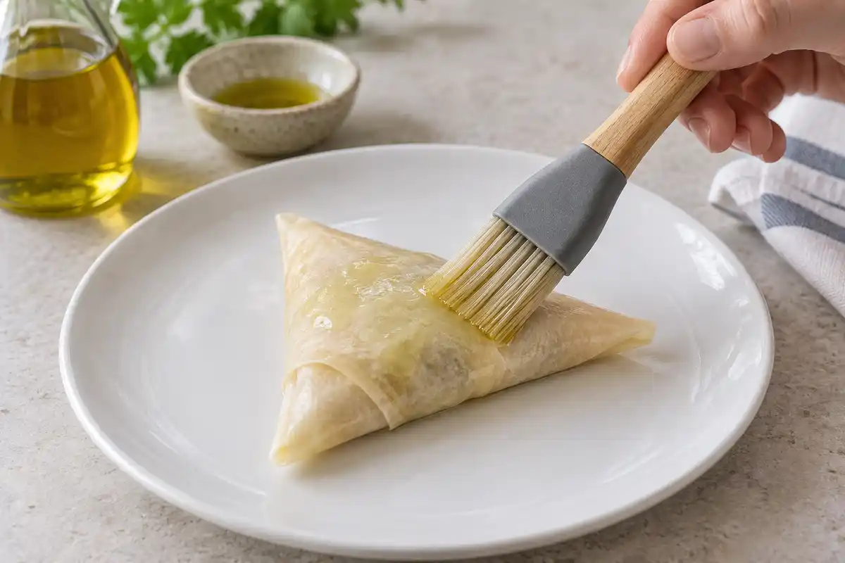 Une fine couche dâhuile est appliquĂ©e au pinceau sur une brick fermĂ©e encore pĂąle avant sa cuisson.