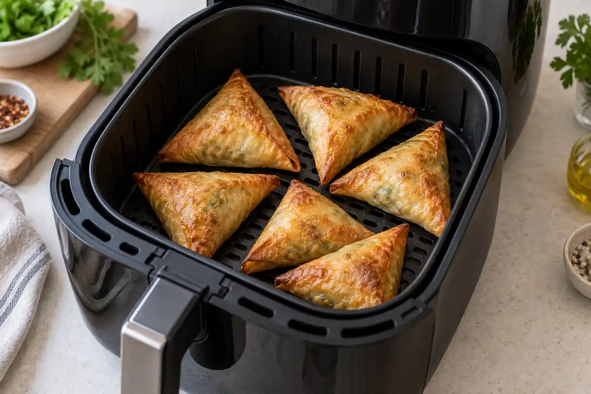 Bricks dorĂ©es disposĂ©es sans se chevaucher dans le panier de lâair fryer, leur coloration servant de repĂšre de cuisson.