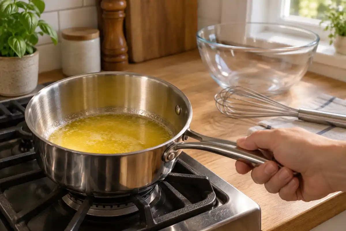 Le beurre fond dans une casserole avant dâĂȘtre incorporĂ© aux ingrĂ©dients secs de la pĂąte Ă crĂȘpes.