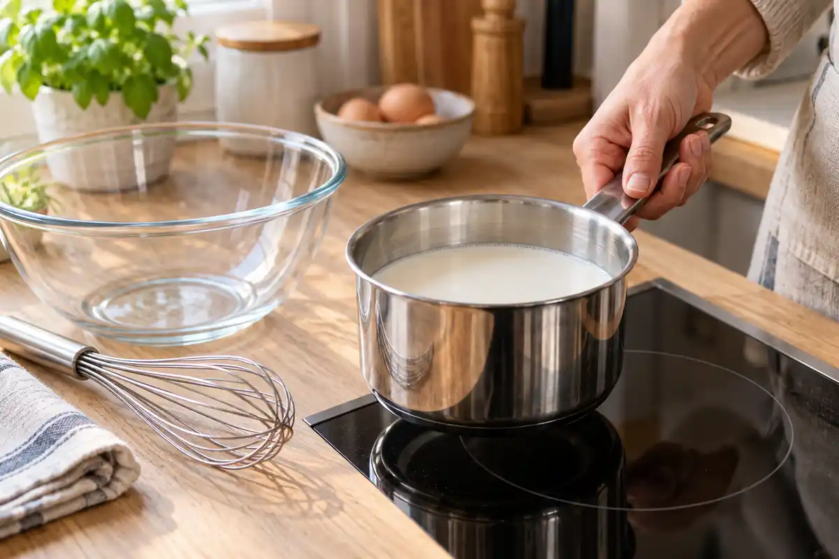 Le lait est lĂ©gĂšrement tiĂ©di en casserole avant son ajout Ă la pĂąte, selon lâordre de prĂ©paration de la recette.