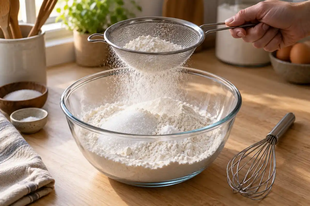 La farine est tamisée avec le sucre et le sel dans le saladier, au début de la préparation des ingrédients secs.