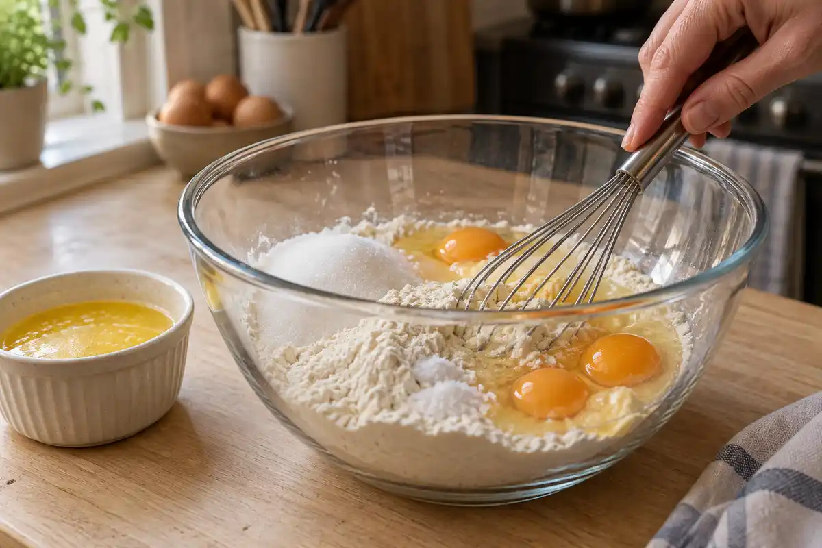 Les Ćufs et le beurre fondu commencent Ă se mĂȘler Ă la farine, au sucre et au sel avant lâajout du lait.