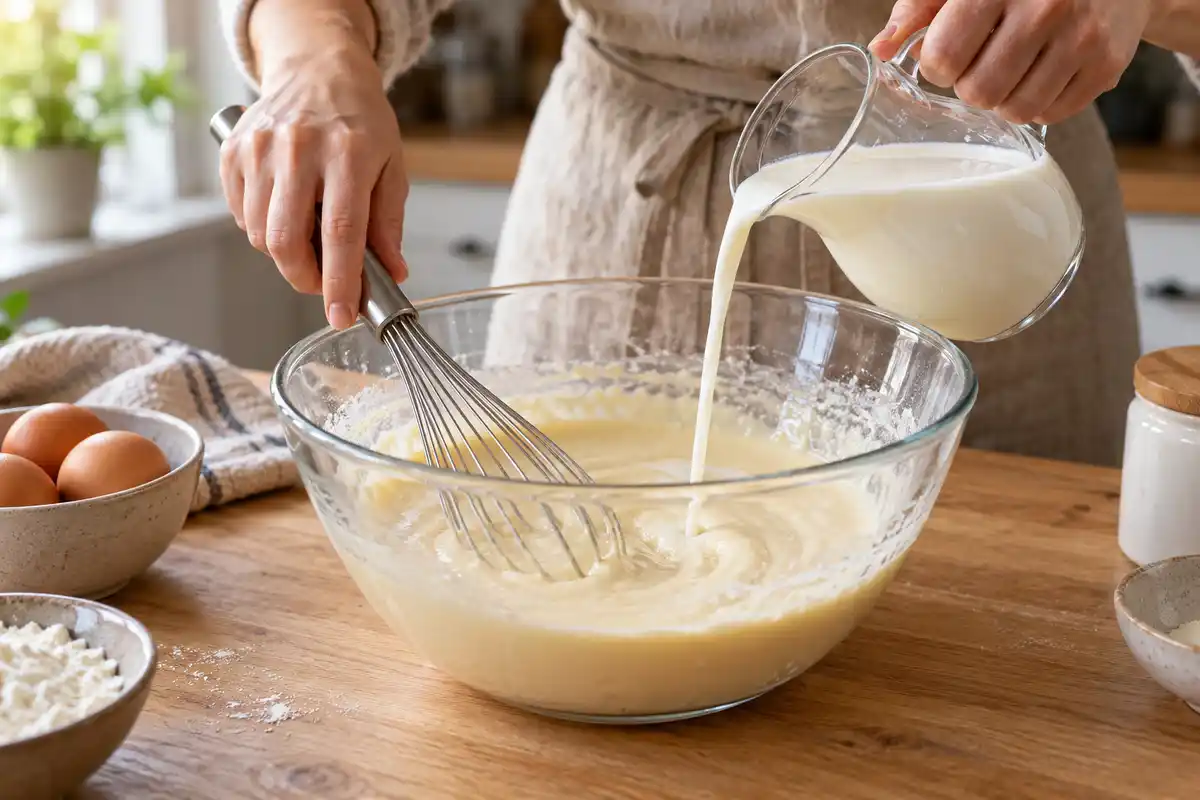 Un filet de lait rejoint la pĂąte pendant quâelle est fouettĂ©e, illustrant son incorporation progressive au mĂ©lange.