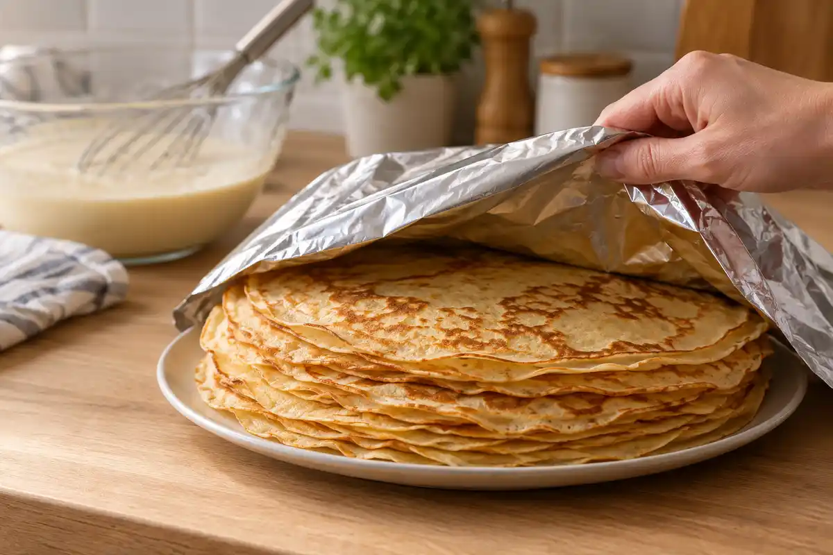 Une pile de crĂȘpes dorĂ©es est couverte pendant la fournĂ©e pour illustrer leur maintien sous couverture, sans consigne de durĂ©e.