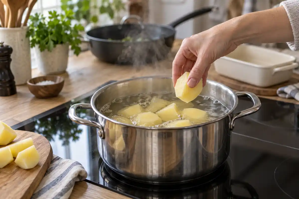 Les pommes de terre Ă©pluchĂ©es cuisent dans lâeau salĂ©e avant dâĂȘtre rĂ©duites en purĂ©e ; leur durĂ©e de cuisson reste Ă vĂ©rifier.