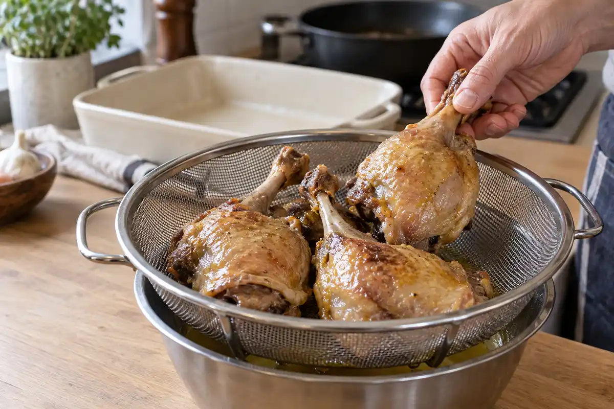 Les cuisses de canard confit sâĂ©gouttent dans une passoire avant dâĂȘtre effilochĂ©es et incorporĂ©es aux lĂ©gumes revenus.