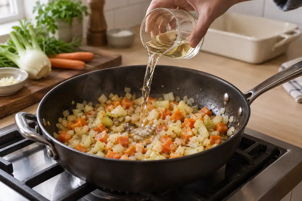Le vin blanc dĂ©glace le fenouil, la carotte, lâoignon et lâail revenus, avant lâajout du canard confit effilochĂ©.