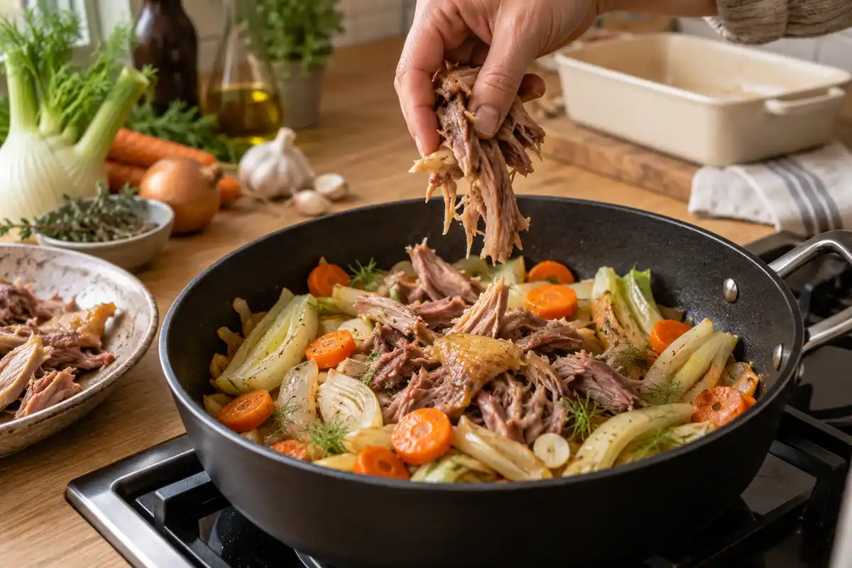 Le canard confit effiloché rejoint les légumes revenus dans la sauteuse pour former la garniture du parmentier.