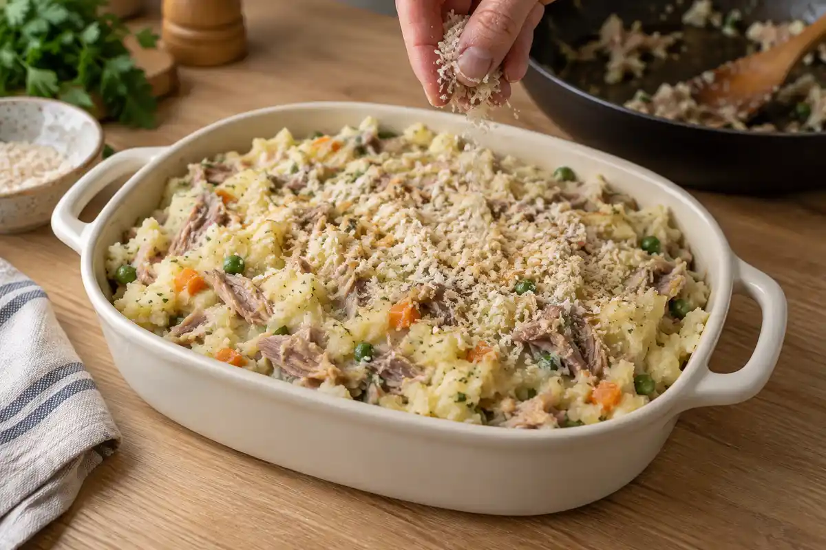 La chapelure recouvre le mélange de purée, de canard et de légumes juste avant la cuisson finale au four.