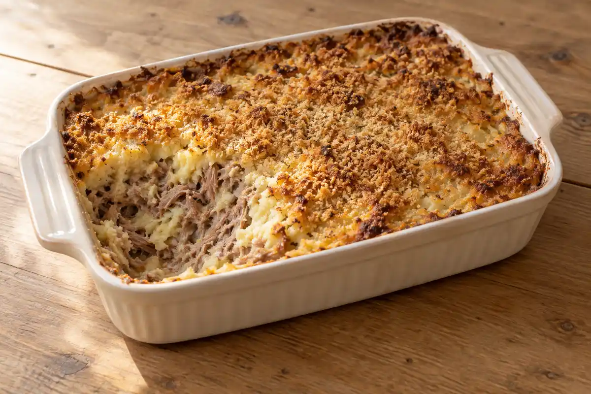 Le parmentier de canard façon grand-mère mêle purée, viande effilochée et légumes sous une croûte dorée, sans couches distinctes.