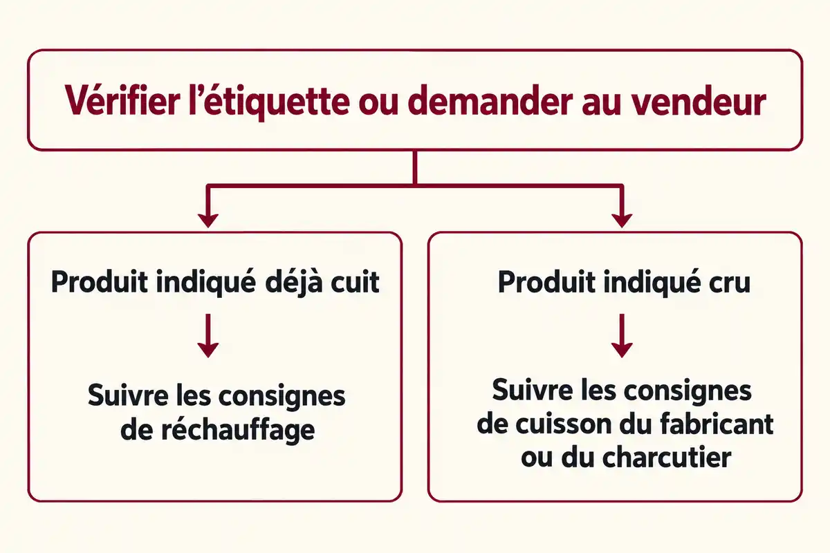 Le statut indiquĂ© sur lâemballage oriente la prĂ©paration : rĂ©chauffer le produit dĂ©jĂ cuit ou suivre les consignes prĂ©vues pour le produit cru.