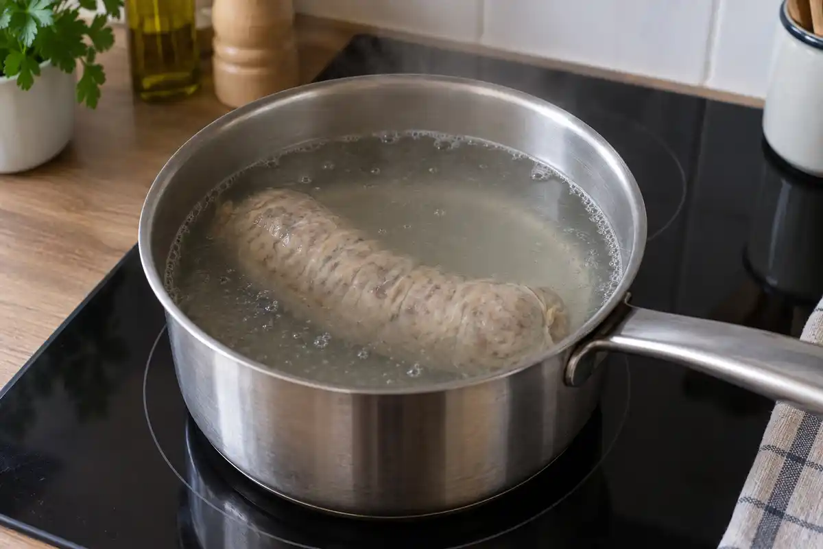 Un lĂ©ger frĂ©missement illustre la chauffe douce de lâeau pour rĂ©chauffer une andouillette dĂ©jĂ cuite, selon les consignes propres au produit.