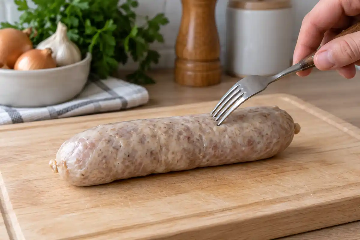 Quelques piqûres légÚres à la fourchette avant cuisson illustrent le geste conseillé, sans garantir que le boyau restera intact.