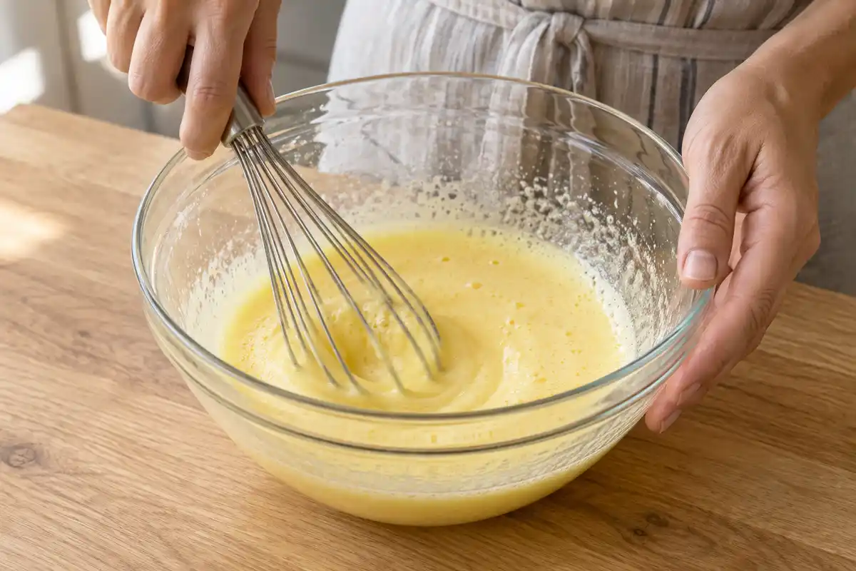Les œufs et le sucre sont battus jusqu’à former un mélange pâle et homogène, base de la pâte à gâteau.