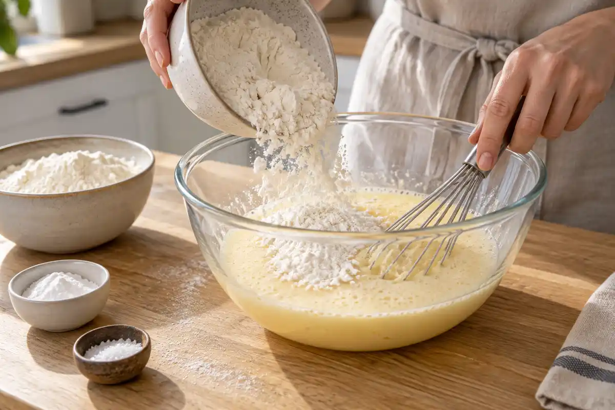 La farine, la levure et le sel rejoignent le mélange d’œufs et de sucre pour former la pâte.