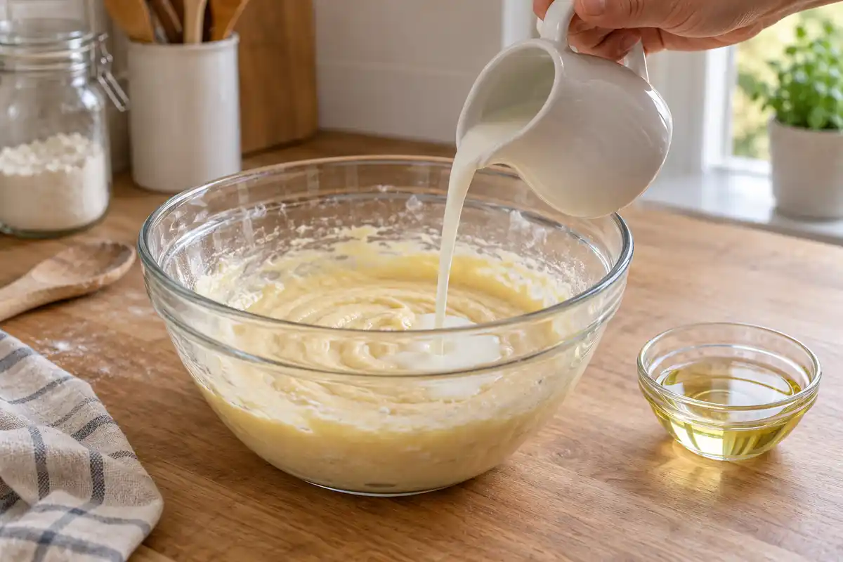 Le lait est versé en filet dans la pâte claire, avant l’ajout suivant de l’huile prévue pour la recette.