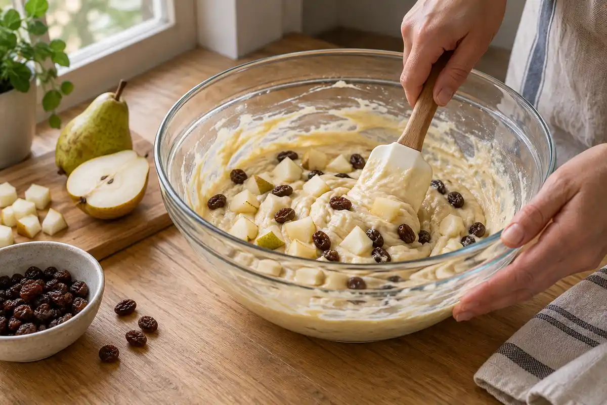 Des dés de poire et des raisins secs sont incorporés à la pâte, où les morceaux de fruits restent visibles.