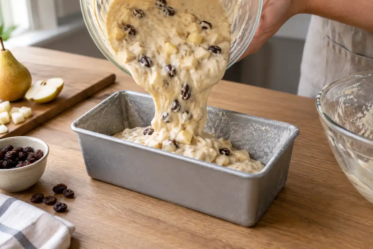 La pâte crue parsemée de poire et de raisins secs est versée dans un moule à cake avant cuisson.