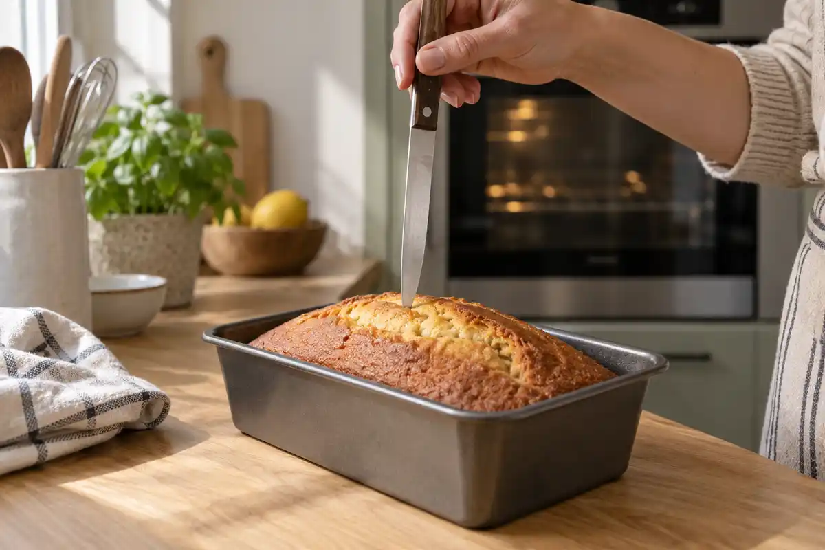 Un couteau est enfoncé au centre du cake cuit pour contrôler la cuisson, sans se fier à une durée fixe.