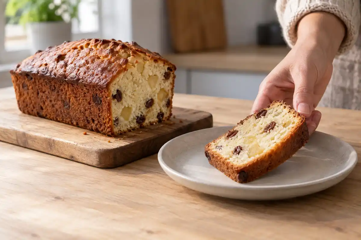 Le cake démoulé révèle une mie claire garnie de poire et de raisins secs, et une tranche est prête à servir.